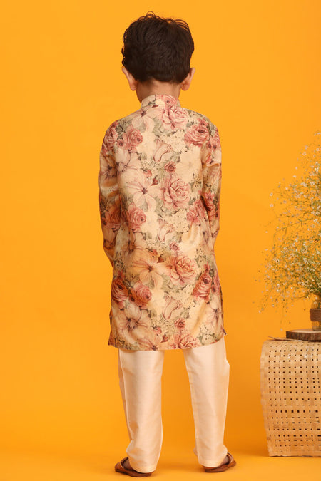 VASTRAMAY Brown Floral printed Silk Blend Kurta Pyjama baap Beta Set